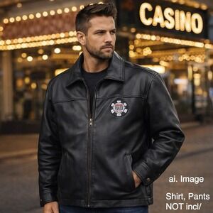 Burks Bay Mens XL Black Leather Bomber Jacket World Series Poker Patch Zip Up